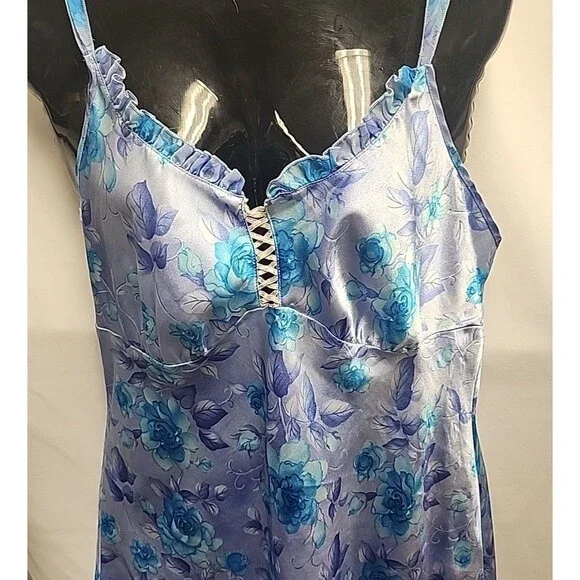 VTG 90sExpressions California Dynasty Blue Satin Floral Strappy Slip Dress Sz M - Picture 2 of 14